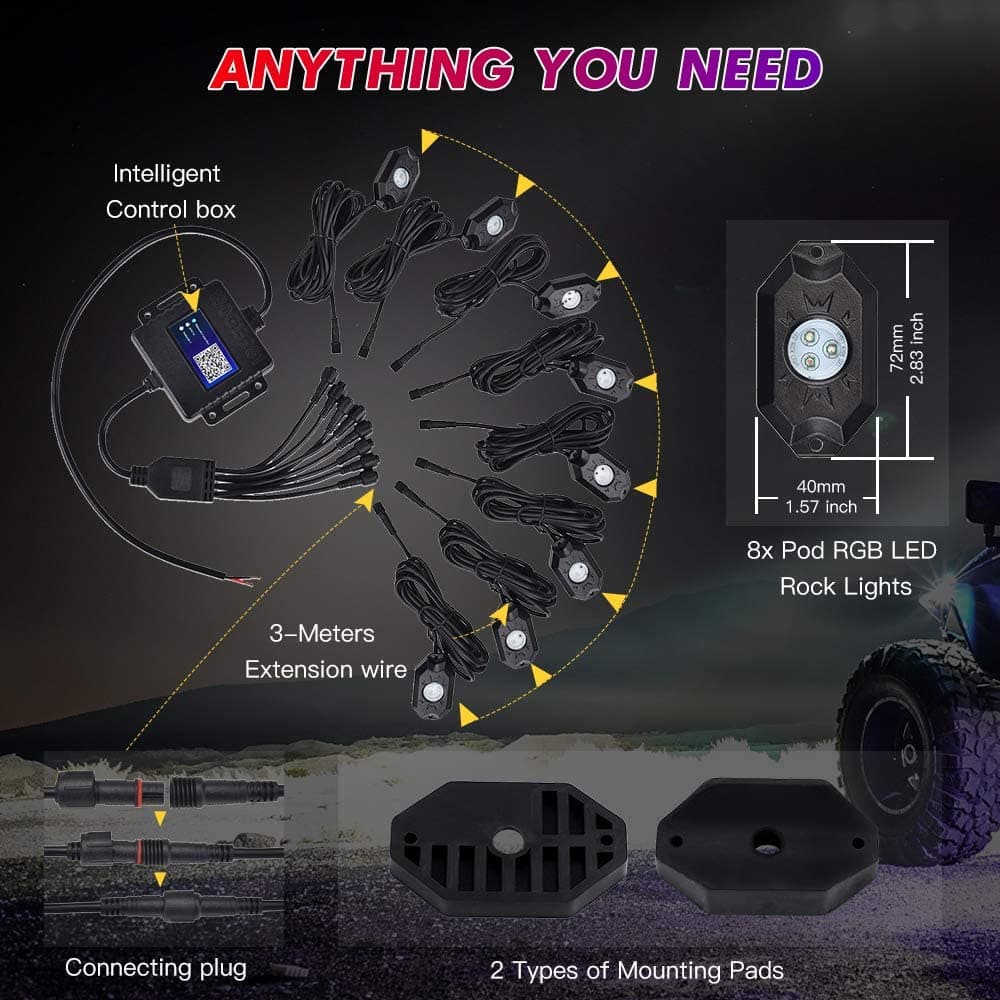 BEVINSEE RGB LED Rock Lights Bluetooth/APP Control for Trucks UTV ATV SUV | 8 Pods