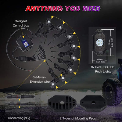 RGB LED Rock Lights Bluetooth/APP Control for Trucks UTV ATV SUV | 8 Pods