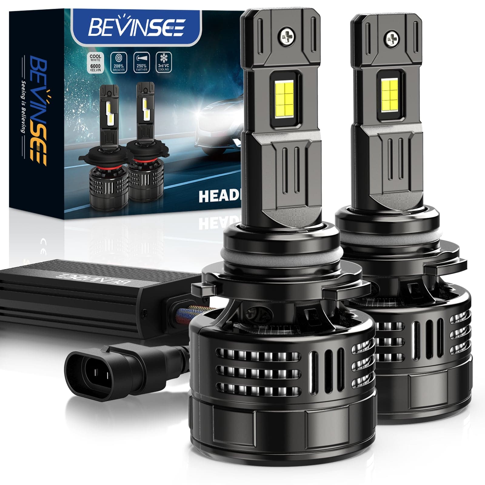 BEVINSEE V55 Upgrade 9005 LED Headlight Bulb 150W/Pair 28,000LM Canbus Ready