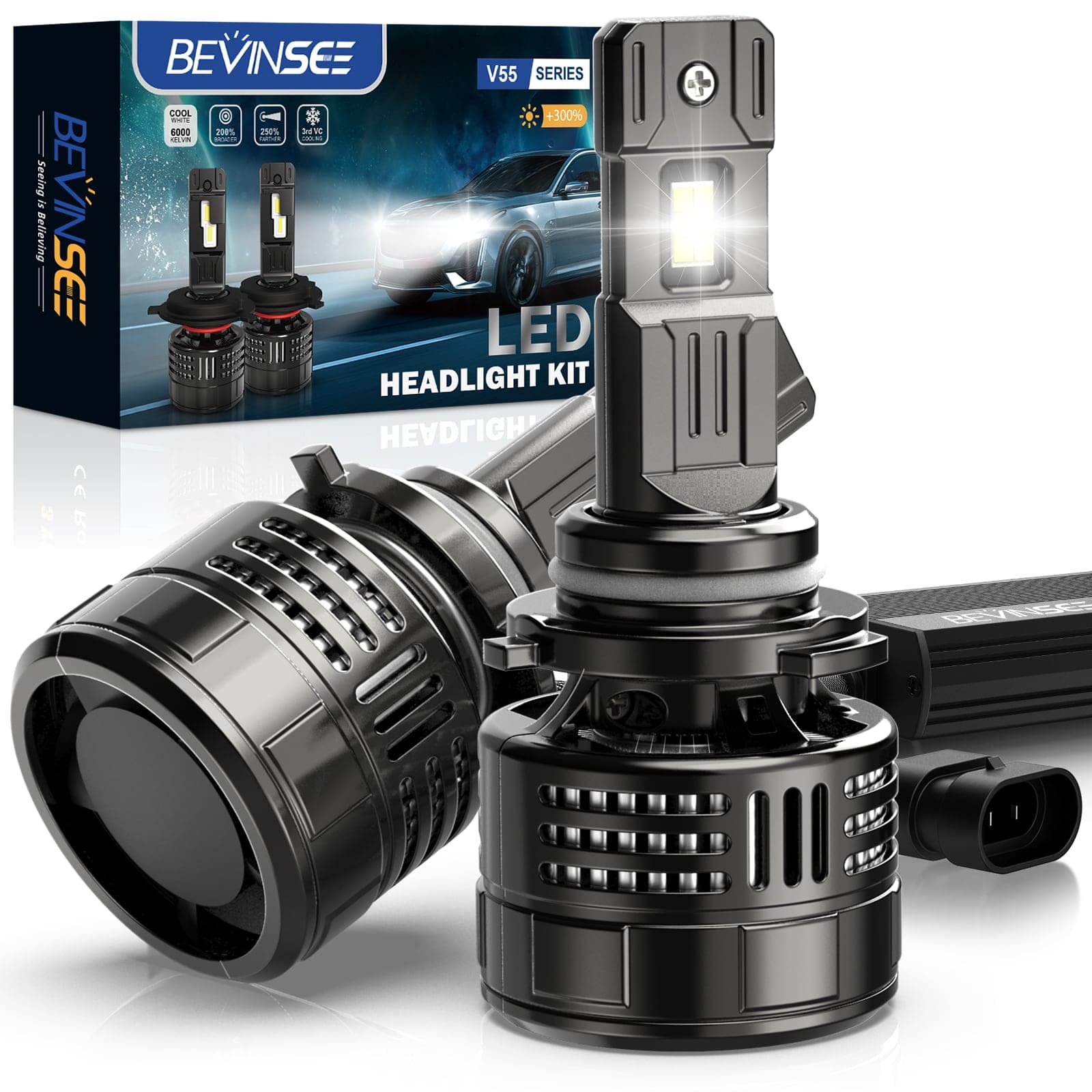 BEVINSEE V55 Upgrade 9005 LED Headlight Bulb 150W/Pair 28,000LM Canbus Ready