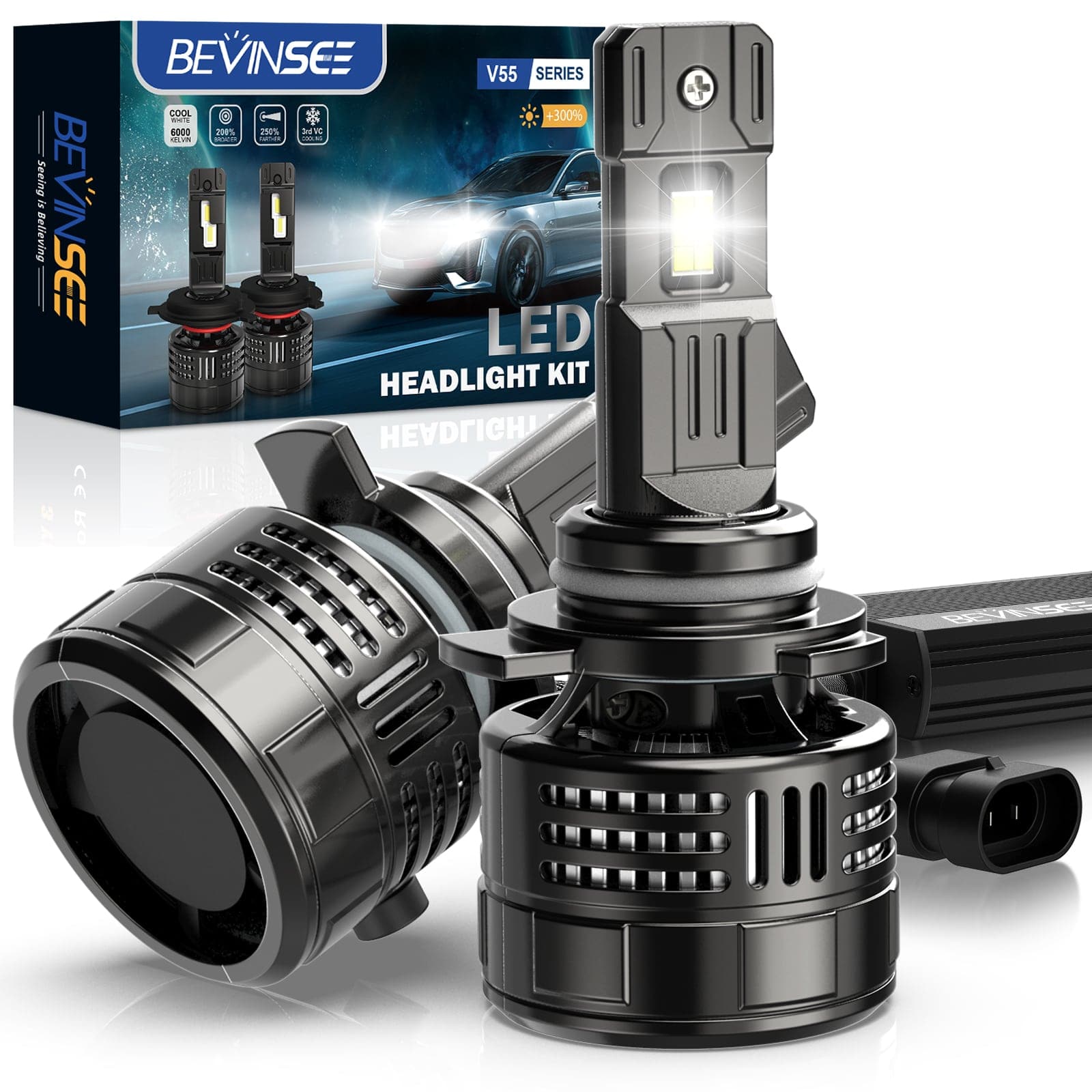 BEVINSEE V55 Upgrade 9012 LED Headlight Bulb 150W/Pair 28,000 LM 6000K