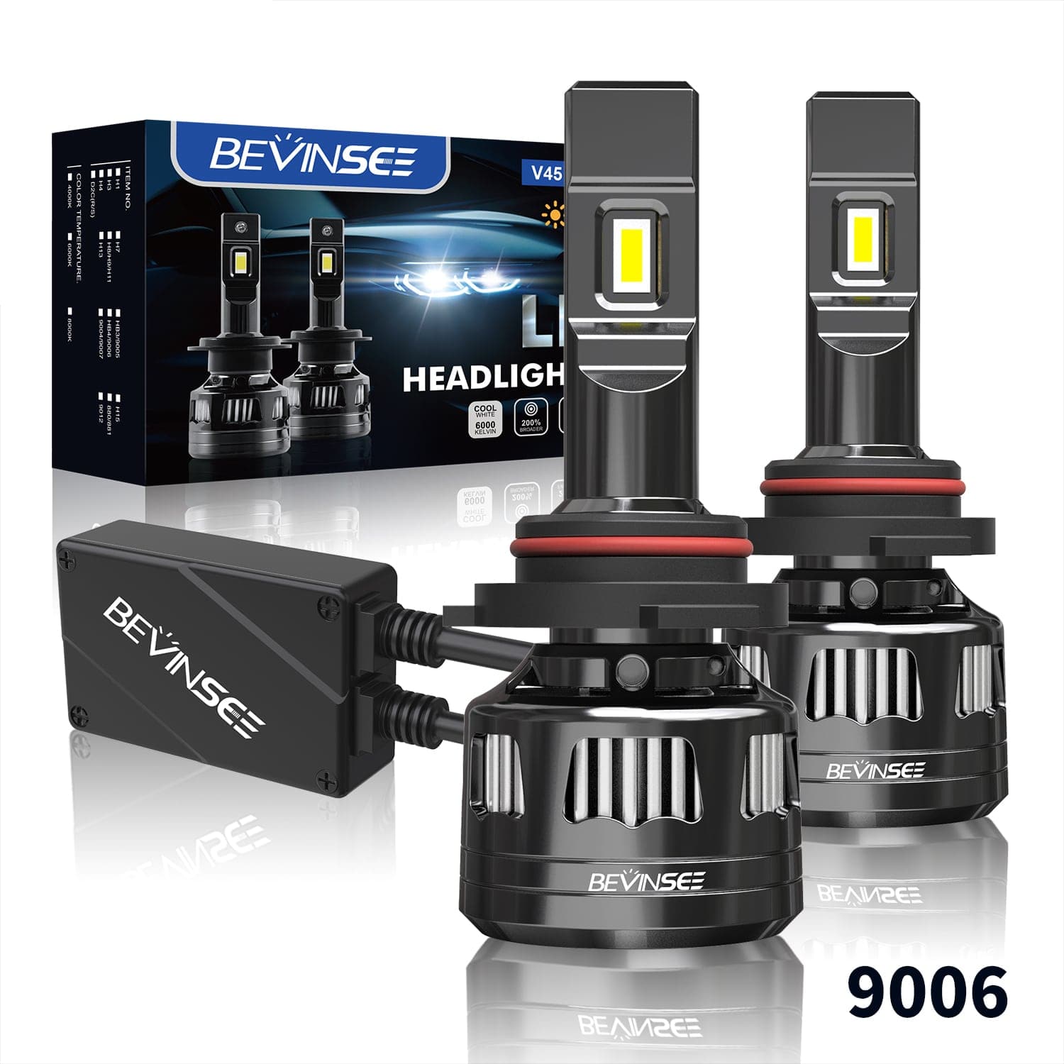 BEVINSEE V45 9006/HB4 LED Headlight Bulb 6000K Pack of 2