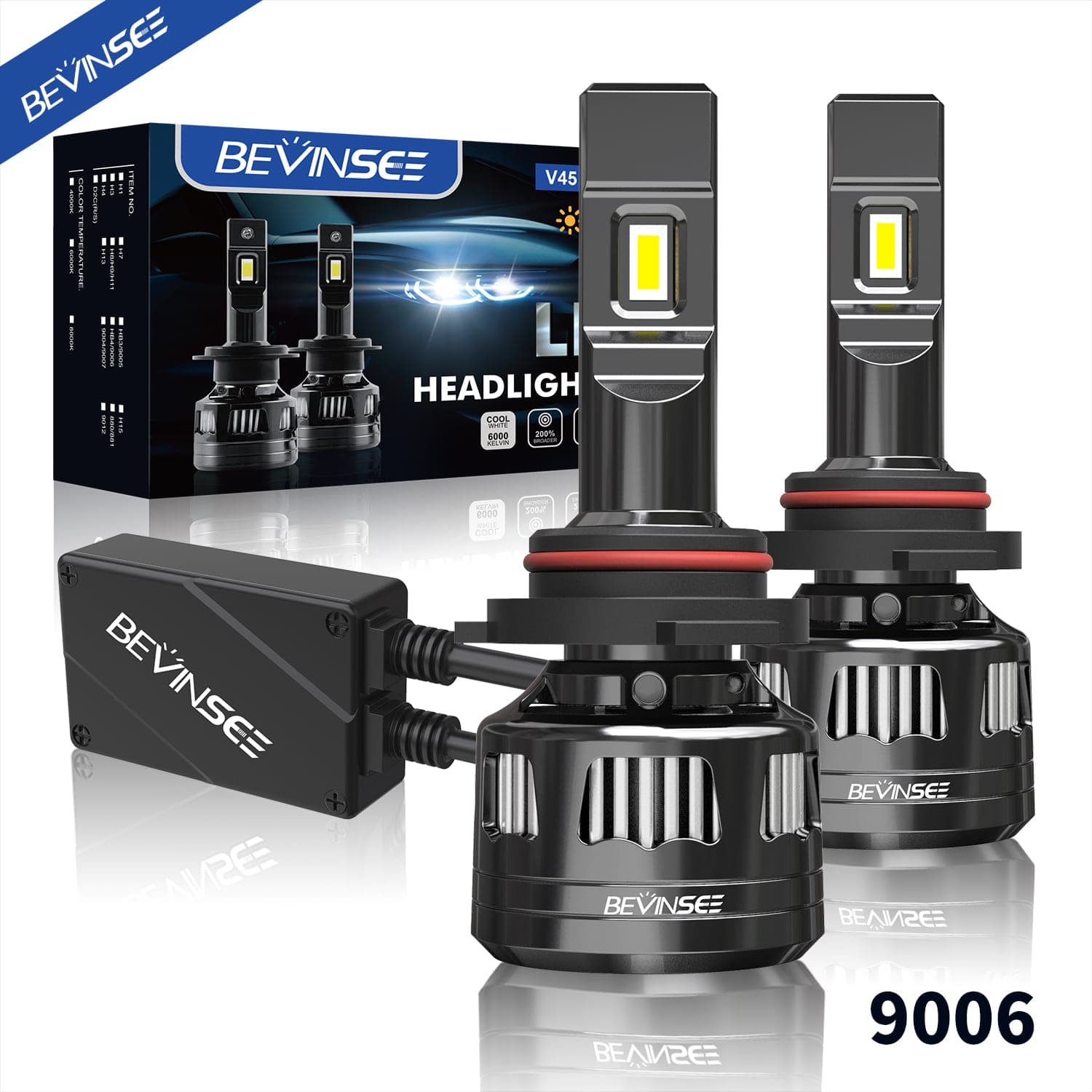 BEVINSEE V45 9006/HB4 LED Headlight Bulb 6000K Pack of 2