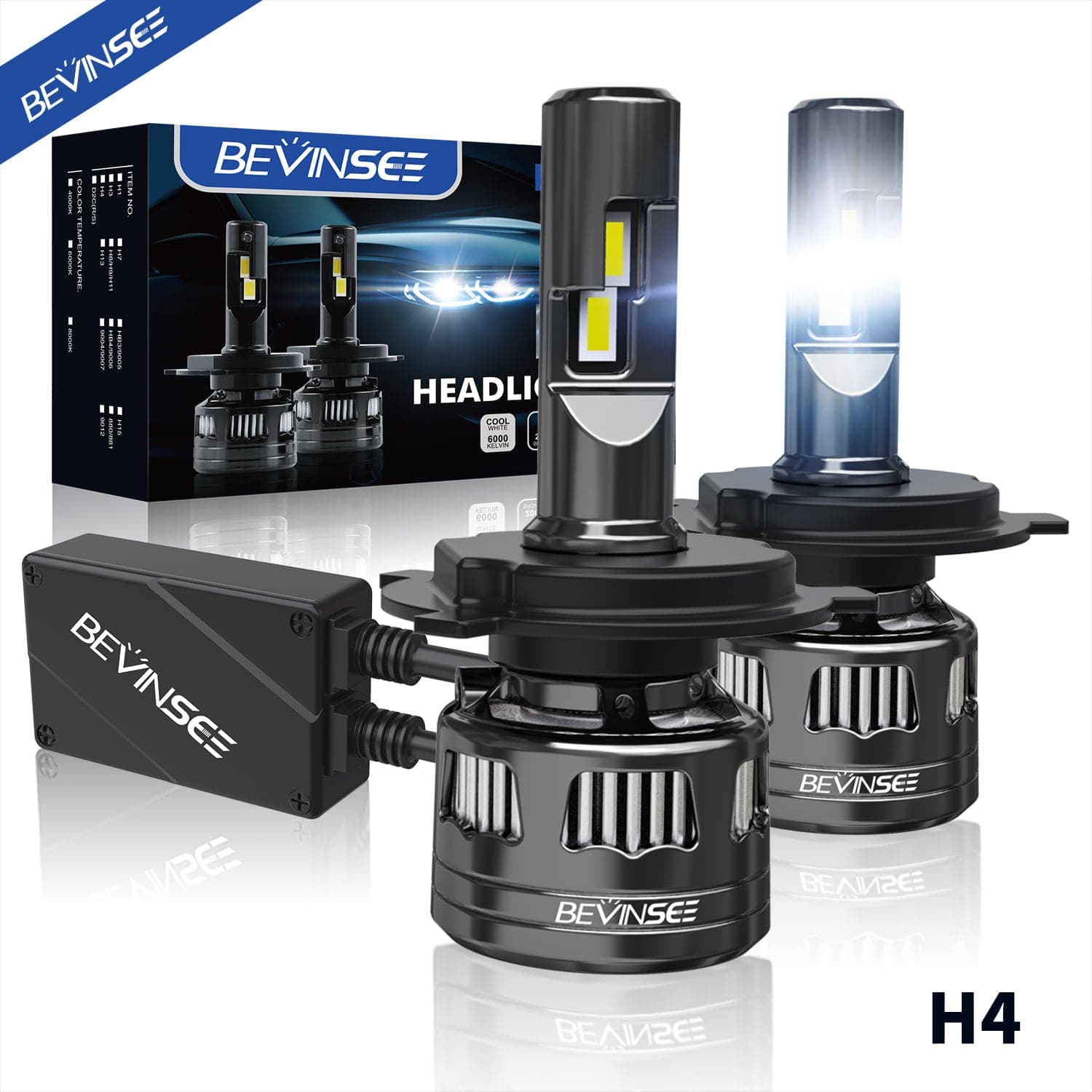 BEVINSEE V45 H4 9003 LED Headlight Bulb Super Bright 6000K