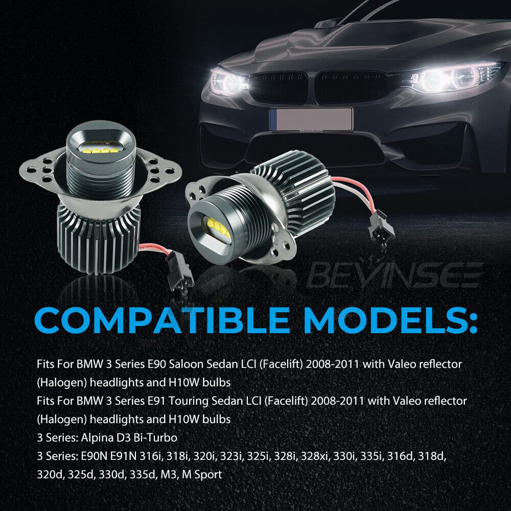 BEVINSEE H10W LED Angel Eyes Marker Light Bulbs For BMW E90 E91 LCI w/ Valeo Reflector